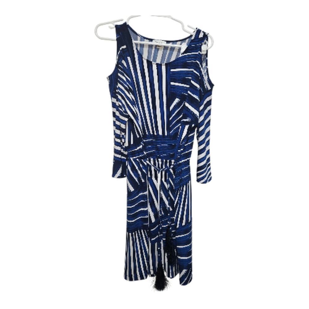 Calvin Klein Blue Stripe Cold Shoulder Tie Waist Dress Size 12